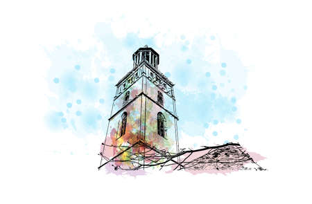 Building view with landmark of Darmstadt is a city near Frankfurt in southwest Germany. Watercolour splash with hand drawn sketch illustration in vector.のイラスト素材