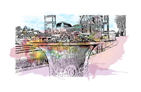 Building view with landmark of Darmstadt is a city near Frankfurt in southwest Germany. Watercolour splash with hand drawn sketch illustration in vector.のイラスト素材