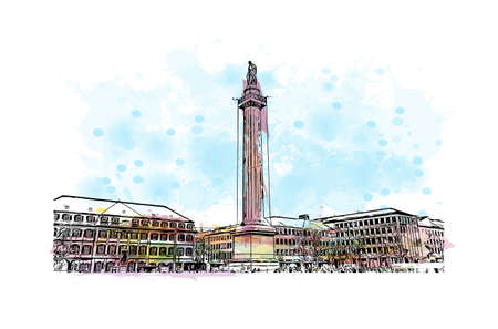 Building view with landmark of Darmstadt is a city near Frankfurt in southwest Germany. Watercolour splash with hand drawn sketch illustration in vector.のイラスト素材