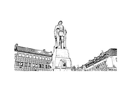 Building view with landmark of Darmstadt is a city near Frankfurt in southwest Germany.. Hand drawn sketch illustration in vector.のイラスト素材