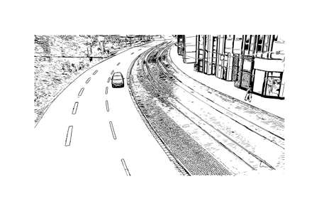 Building view with landmark of Darmstadt is a city near Frankfurt in southwest Germany.. Hand drawn sketch illustration in vector.のイラスト素材