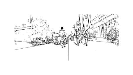 Building view with landmark of Dhule is the 
city in India. Hand drawn sketch illustration in vector.のイラスト素材