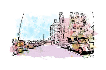 Building view with landmark of Miramar is the 
city in Florida. Watercolor splash with hand drawn sketch illustration in vector.のイラスト素材