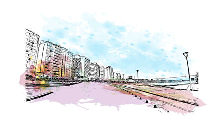 Building view with landmark of Miramar is the 
city in Florida. Watercolor splash with hand drawn sketch illustration in vector.のイラスト素材