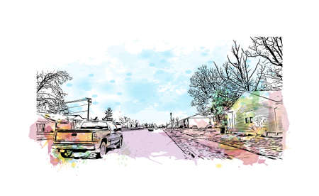 Building view with landmark of Mishawaka is the 
city in Indiana. Watercolor splash with hand drawn sketch illustration in vector.のイラスト素材