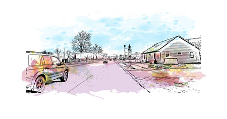 Building view with landmark of Mishawaka is the 
city in Indiana. Watercolor splash with hand drawn sketch illustration in vector.のイラスト素材