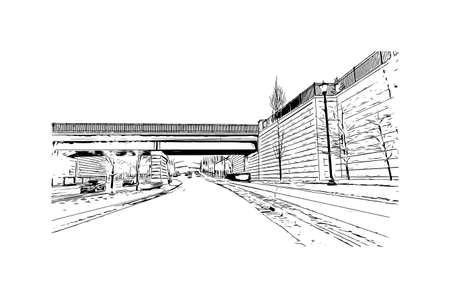 Building view with landmark of Mishawaka is the 
city in Indiana. Hand drawn sketch illustration in vector.のイラスト素材