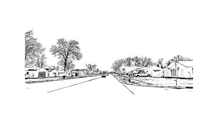 Building view with landmark of Mishawaka is the 
city in Indiana. Hand drawn sketch illustration in vector.のイラスト素材