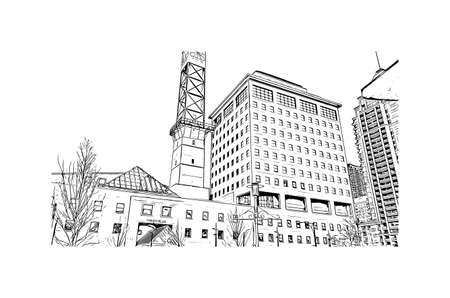 Building view with landmark of Mississauga is the 
city in Canada. Hand drawn sketch illustration in vector.のイラスト素材