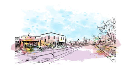 Building view with landmark of Missoula is the 
city in Montana. Watercolor splash with hand drawn sketch illustration in vector.のイラスト素材