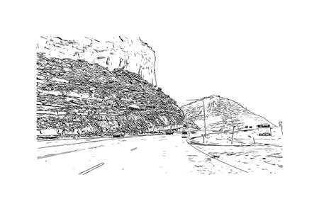 Building view with landmark of Moab is a city in eastern Utah. Hand drawn sketch illustration in vector.のイラスト素材