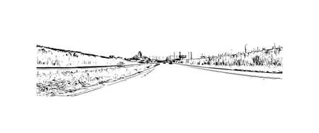 Building view with landmark of Mobile  is the city
 in Texas. Hand drawn sketch illustration in vector.のイラスト素材