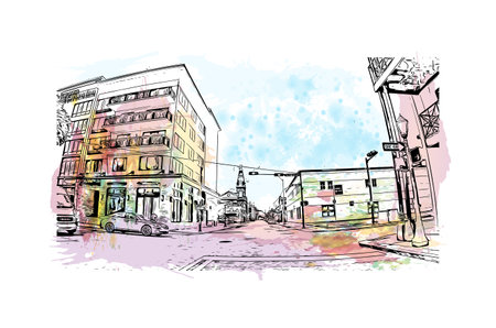 Building view with landmark of Mobile  is the city
 in Texas. Watercolor splash with hand drawn sketch illustration in vector.のイラスト素材