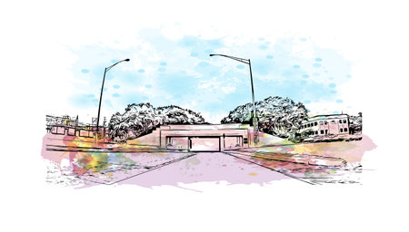 Building view with landmark of Mobile  is the city
 in Texas. Watercolor splash with hand drawn sketch illustration in vector.のイラスト素材