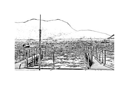 Building view with landmark of Lugano is a city in southern Switzerland. Hand drawn sketch illustration in vector.のイラスト素材