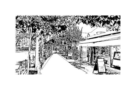 Building view with landmark of Lugano is a city in southern Switzerland. Hand drawn sketch illustration in vector.のイラスト素材