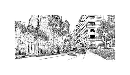 Building view with landmark of Lugano is a city in southern Switzerland. Hand drawn sketch illustration in vector.のイラスト素材