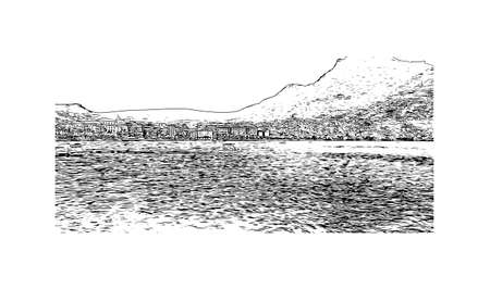 Building view with landmark of Lugano is a city in southern Switzerland. Hand drawn sketch illustration in vector.のイラスト素材