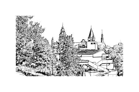 Building view with landmark of Mainz is the 
city in Germany. Hand drawn sketch illustration in vector.のイラスト素材