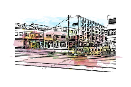 Building view with landmark of Mainz is the 
city in Germany. Watercolor splash with hand drawn sketch illustration in vector.のイラスト素材
