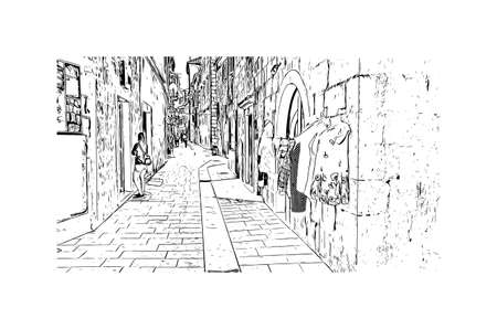 Building view with landmark of Makarska is the 
town in Croatia. Hand drawn sketch illustration in vector.のイラスト素材