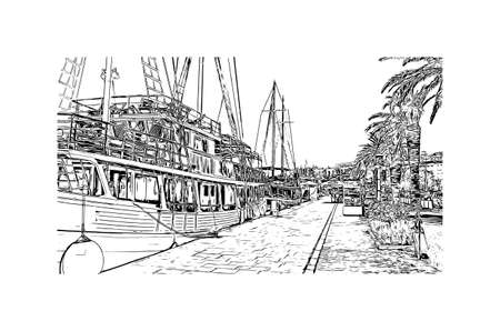 Building view with landmark of Makarska is the 
town in Croatia. Hand drawn sketch illustration in vector.のイラスト素材