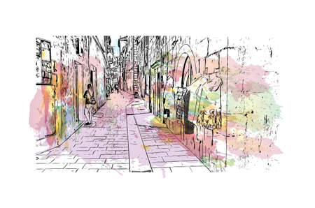 Building view with landmark of Makarska is the 
town in Croatia. Watercolor splash with hand drawn sketch illustration in vector.のイラスト素材