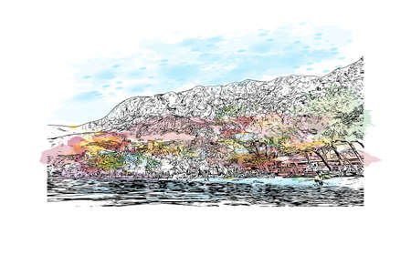 Building view with landmark of Makarska is the 
town in Croatia. Watercolor splash with hand drawn sketch illustration in vector.のイラスト素材