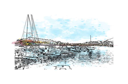 Building view with landmark of Makarska is the 
town in Croatia. Watercolor splash with hand drawn sketch illustration in vector.のイラスト素材
