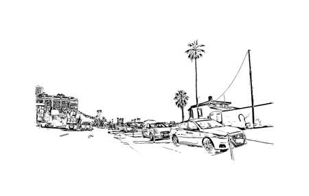 Building view with landmark of Malibu is the 
city in California. Hand drawn sketch illustration in vector.のイラスト素材