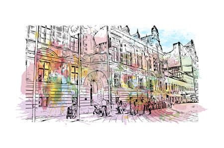 Building view with landmark of Malmo is the 
city in Sweden. Watercolor splash with hand drawn sketch illustration in vector.のイラスト素材