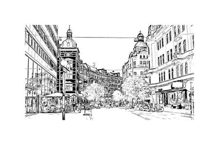 Building view with landmark of Malmo is the 
city in Sweden. Hand drawn sketch illustration in vector.のイラスト素材