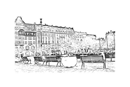 Building view with landmark of Malmo is the 
city in Sweden. Hand drawn sketch illustration in vector.のイラスト素材