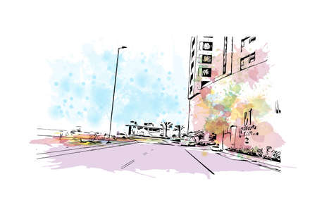 Building view with landmark of Manama is the 
capital in Bahrain. Watercolor splash with hand drawn sketch illustration in vector.のイラスト素材