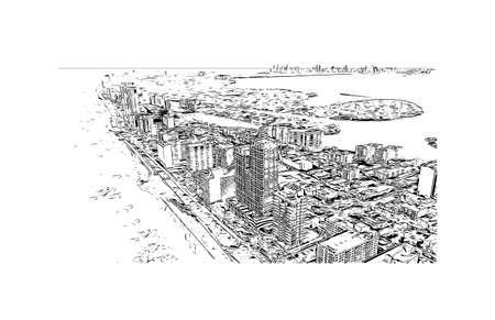 Building view with landmark of Miami is the 
city in Florida. Hand drawn sketch illustration in vector.のイラスト素材