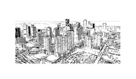 Building view with landmark of Miami is the 
city in Florida. Hand drawn sketch illustration in vector.のイラスト素材