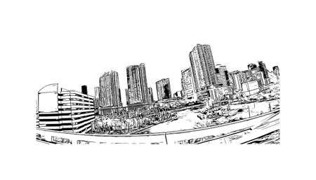 Building view with landmark of Miami is the 
city in Florida. Hand drawn sketch illustration in vector.のイラスト素材