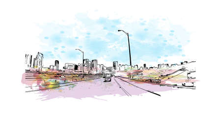 Building view with landmark of Miami is the 
city in Florida. Watercolor splash with hand drawn sketch illustration in vector.のイラスト素材