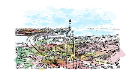 Building view with landmark of Miami is the 
city in Florida. Watercolor splash with hand drawn...