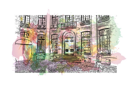 Building view with landmark of Middelburg is the 
city in Netherlands. Watercolor splash with hand drawn sketch illustration in vector.のイラスト素材