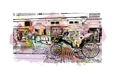 Building view with landmark of Mijas is the 
municipality in Spain. Watercolor splash with hand drawn sketch illustration in vector.のイラスト素材
