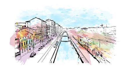 Building view with landmark of Milan is the 
city in Italy. Watercolor splash with hand drawn sketch illustration in vector.のイラスト素材