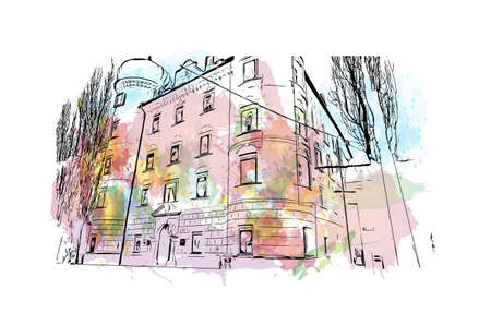 Building view with landmark of Lienz is the town in Austria. Watercolor splash with hand drawn sketch illustration in vector.のイラスト素材