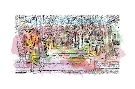 Building view with landmark of Lille is the city in France. Watercolor splash with hand drawn sketch illustration in vector.のイラスト素材