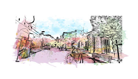 Building view with landmark of Limassol is the city in Cyprus. Watercolor splash with hand drawn sketch illustration in vector.のイラスト素材