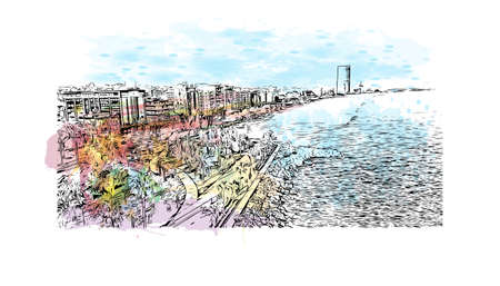 Building view with landmark of Limassol is the city in Cyprus. Watercolor splash with hand drawn sketch illustration in vector.のイラスト素材