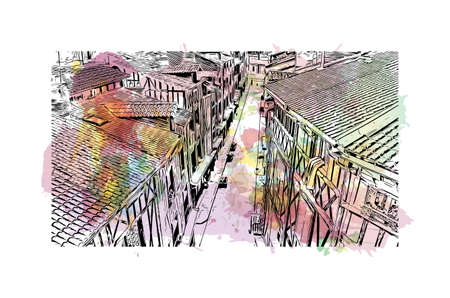 Building view with landmark of Limoges is the city in France. Watercolor splash with hand drawn sketch illustration in vector.のイラスト素材