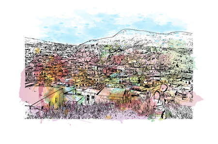 Building view with landmark of Lindos is the village in Greece. Watercolor splash with hand drawn sketch illustration in vector.のイラスト素材