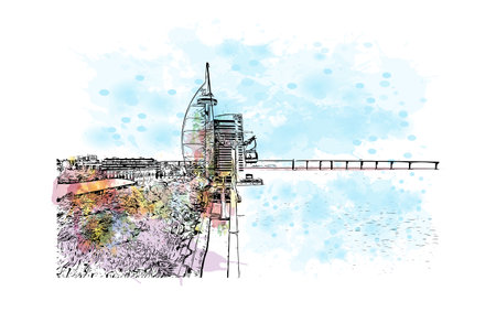 Building view with landmark of Lisbon is the capital in Portugal. Watercolor splash with hand drawn sketch illustration in vector.のイラスト素材