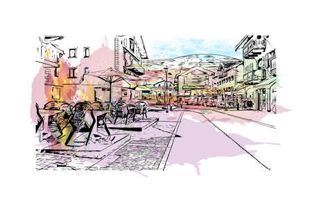 Building view with landmark of Livigno is the town in Italy. Watercolor splash with hand drawn sketch illustration in vector.のイラスト素材